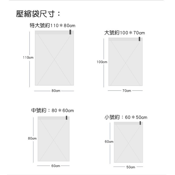 壓縮袋尺寸:特大號約110*80cm大號約100*70cm110cm80cm100cm70cm中號約:80*60cm小號約:60*50cm80cm60cm60cm50cm