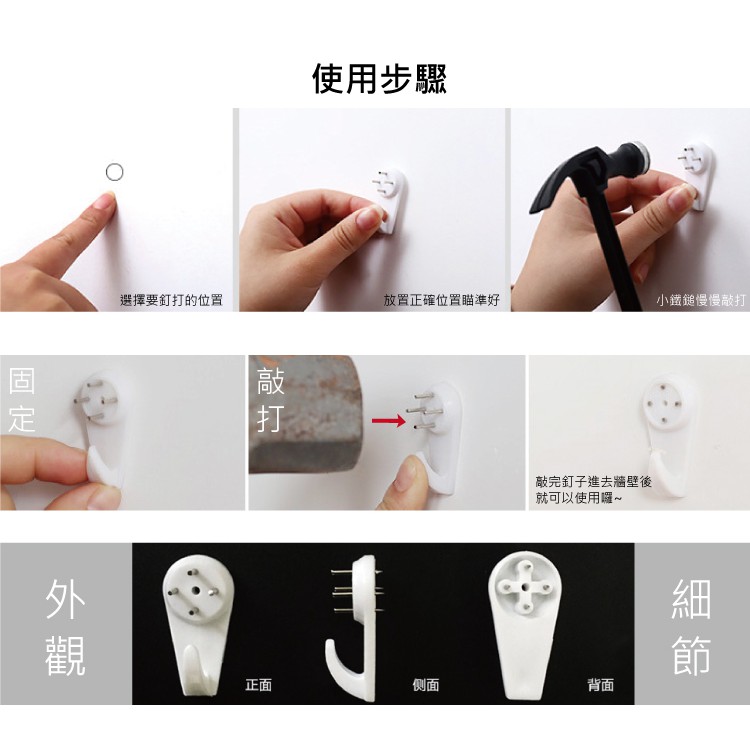 使用步驟選擇要釘打的位置放置正確位置瞄準好小鐵鎚慢慢敲打敲觀敲完釘子進去牆壁後就可以使用囉~~正面侧面背面