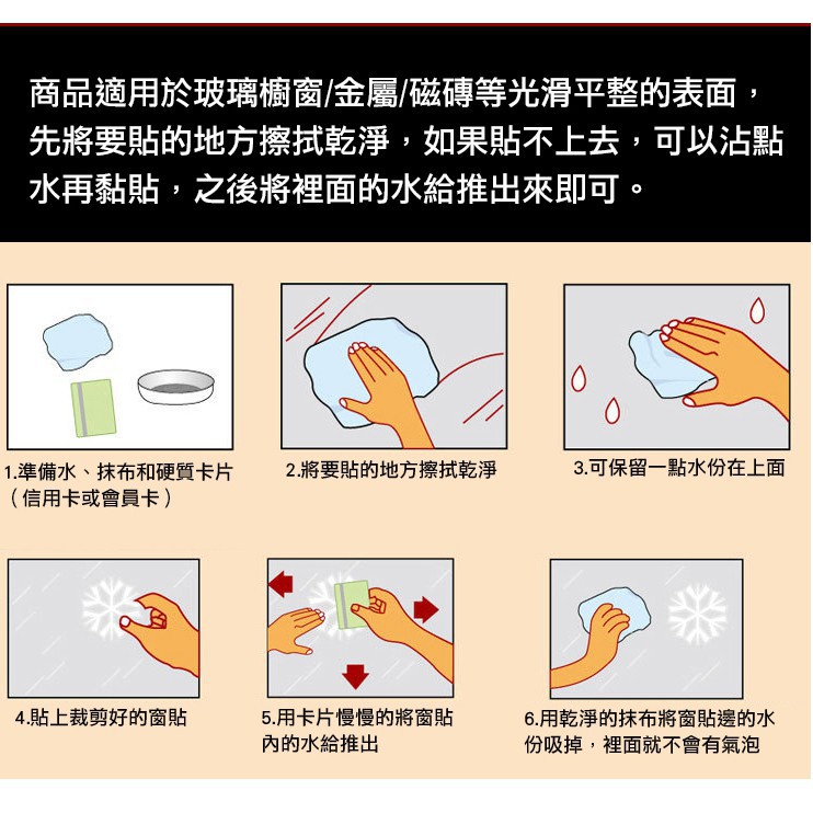 商品適用於玻璃櫥窗/金屬/磁磚等光滑平整的表面,先將要貼的地方擦拭乾淨,如果貼不上去,可以沾點水再黏貼,之後將裡面的水給推出來即可。1. 準備水、抹布和硬質卡片2.將要貼的地方擦拭乾淨3.可保留一點水份在上面(信用卡或會員卡)4.貼上裁剪好的窗貼5.用卡片慢慢的將窗貼內的水給推出6.用乾淨的抹布將窗貼邊的水份吸掉,裡面就不會有氣泡