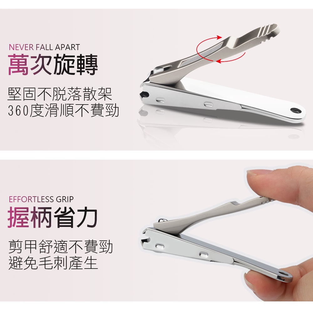 NEVER FALL APART萬次旋轉堅固不脫落散架360度滑順不費勁EFFORTLESS GRIP握柄省力剪甲舒適不費勁避免毛刺產生