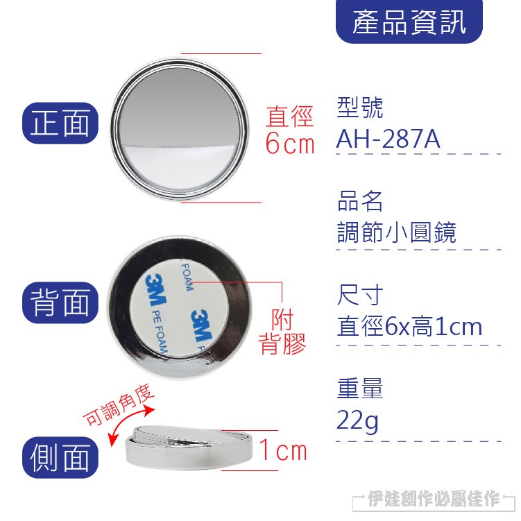 正面背面FOAM3M3MPE FOAM側面可調角度產品資訊直徑型號6cm AH287A附背膠1cm品名調節小圓鏡尺寸直徑6x高1cm重量22g伊娃創作必屬佳作-