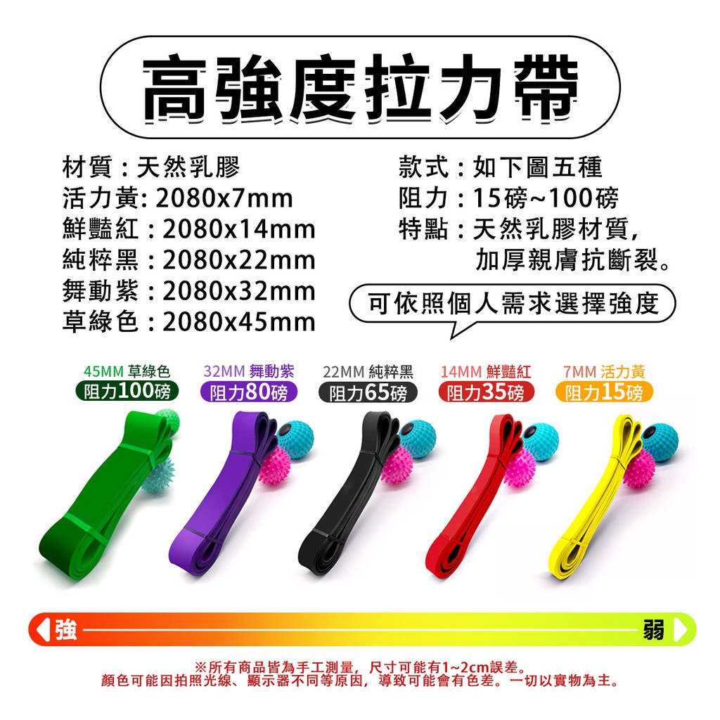 高強度拉力帶材質:天然乳膠活力:2080x7mm鮮豔紅:2080x14mm純粹黑:2080x22mm舞動紫:2080x32mm草綠色:2080x45mm款式:如下圖五種阻力:15磅~100磅特點:天然乳膠材質,加厚親膚抗斷裂。可依照個人需求選擇強度45MM 草綠色阻力100磅32MM 舞動紫阻力80磅22MM 純粹黑 14MM 鮮豔紅阻力65磅 阻力35磅7MM 活力黃阻力15磅 |強弱※所有商品皆為手工測量,尺寸可能有1~2cm誤差。顏色可能因拍照光線、顯示器不同等原因,導致可能會有色差。一切以實物為主。
