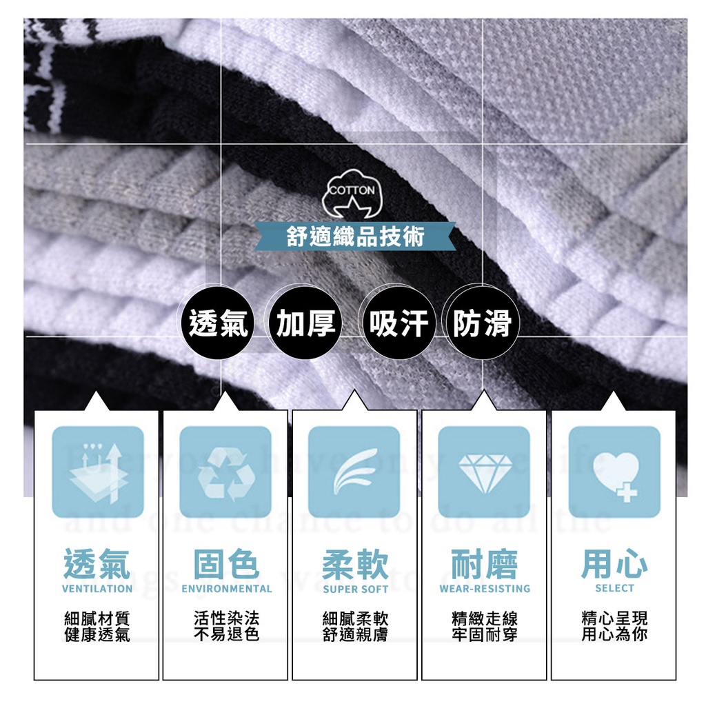 COTTON舒適織品技術【透氣加厚吸汗防滑透氣固色柔軟耐磨VENTILATIONENVIRONMENTALSUPER SOFTWEAR-RESISTING用心SELECT細膩材質活性染法細膩柔軟精緻走線精心呈現健康透氣不易退色舒適親膚牢固耐穿用心為你