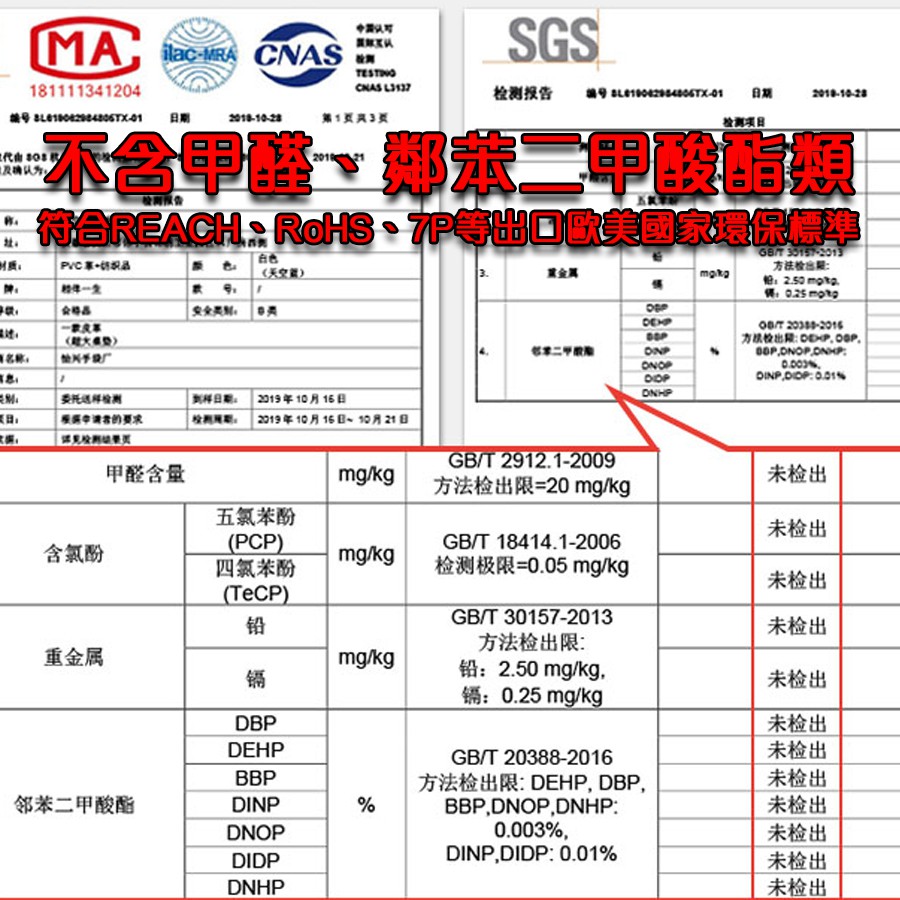 MA MRA SGS18111134124CNAS L3130101日第13页項目201810-28 不含检测报告符合 國家 PVC-方法期金属250 安全 0 ONOP  % 025  7  .委托检测的要求日期:检测期:2019年10月16日2019年10月16日~10月21日甲醛含量mg/kgGB/T 2912.1-2009方法检出限=20 mg/kg未检出五氯苯酚未检出含氯酚(PCP)mg/kg四氯苯酚GB/T 18414.1-2006检测极限=0.05 mg/kg未检出(TCP)GB/T 30157-2013铅未检出方法检出限重金属mg/kg镉铅:2.50 mg/kg.镉:0.25mg/kg未检出DBPDEHPGB/T 20388-2016未检出未检出BBP邻苯二甲酸酯DINP%DNOP方法检出限: DEHP DBP,BBP,DNOP,DNHP:0.003%,未检出未检出DIDPDINP,DIDP: 0.01%DNHP未检出未检出未检出