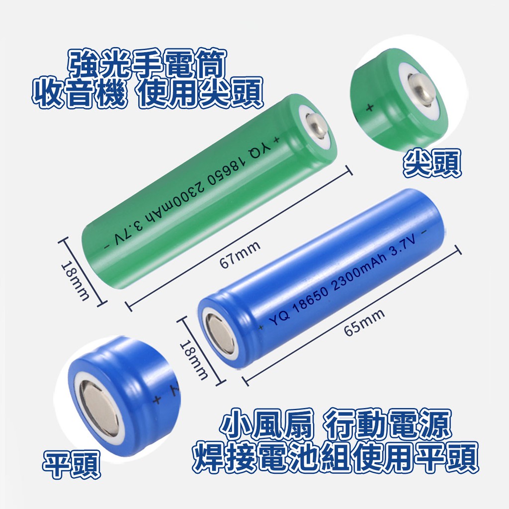 強光手電筒收音機 使用尖頭18mm    18mm67mm尖頭+ YQ 18650 2300mAh 3.7V-65mm平頭小風扇 行動電源焊接電池組使用平頭