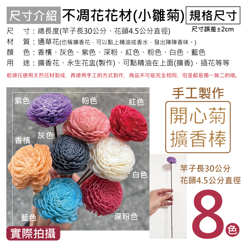 尺寸介紹 不凋花花材(小雛菊) 規格尺寸尺 寸:總長度(竿子長30公分、花頭45公分直徑)尺寸誤差±2cm材 質:通草花(也稱擴香花可以點上精油或香水,發出陣陣香味。)顏色:香檳、灰色、紫色、深粉、紅色、粉色、白色、藍色 途:擴香花、永生花盅(製作)、可點精油在上面(擴香),插花等等乾燥花使用天然花材製成,再使用手工的方式製作,商品不可能完全相同,但是都是獨一無二的哦。紫色香檳灰色藍色實際拍攝手工製作粉色紅色深粉色開心菊擴香棒竿子長30公分白色花頭4.5公分直徑8.色